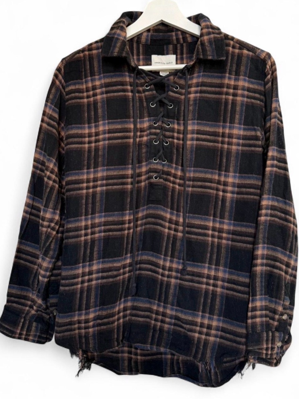 American Eagle cotton black & brown plaid lace front flannel shirt Size XS